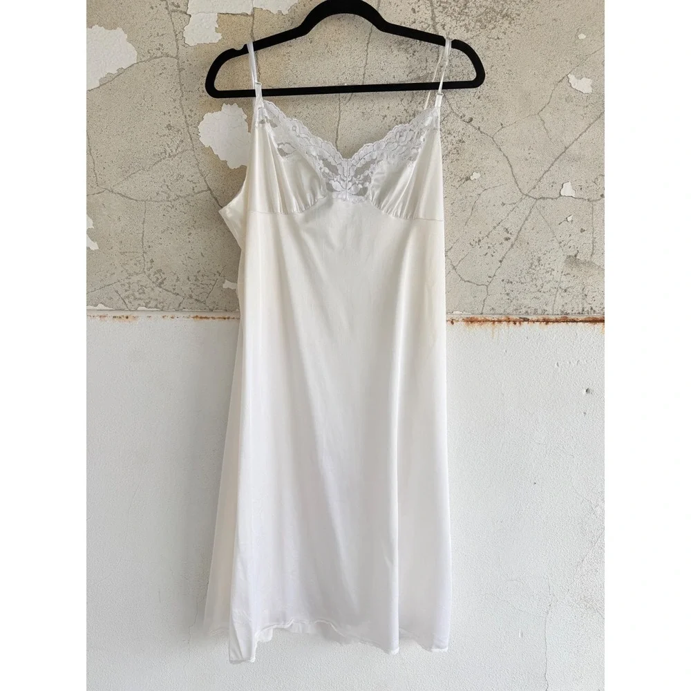 Vtg 90s Slip Dress Chemise Nightgown White Lace Bridal Vassarette‎ Made in USA L
